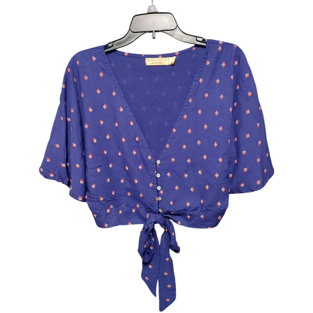 Beachgold Navy Diamond Pattern Tie Front Button Crop Top Womens Size Large  L - Picture 2 of 9